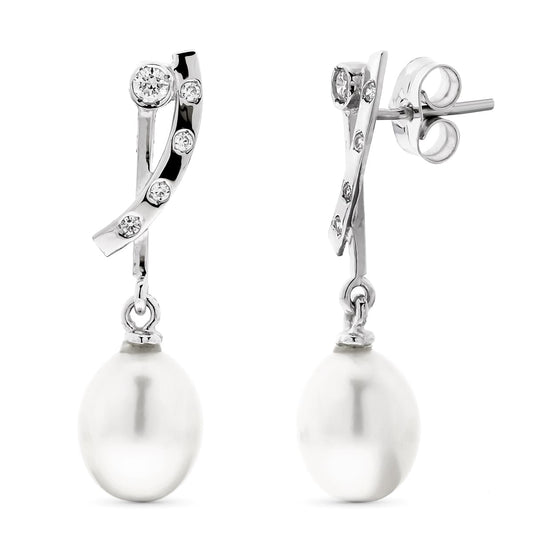 18K Pendientes Oro Blanco Largos Perla Pera Y Circonita Cierre Presion