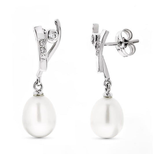 18K Pendientes Oro Blanco Largos Perla Pera Y Circonita Cierre Presion