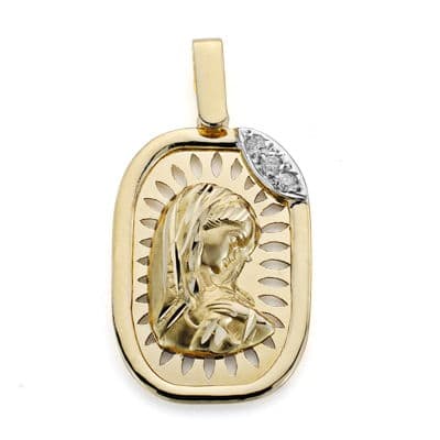18K Medalla Oro Amarillo Diamantes Talla Brillante 0.054 Qts. 24X15 Mm