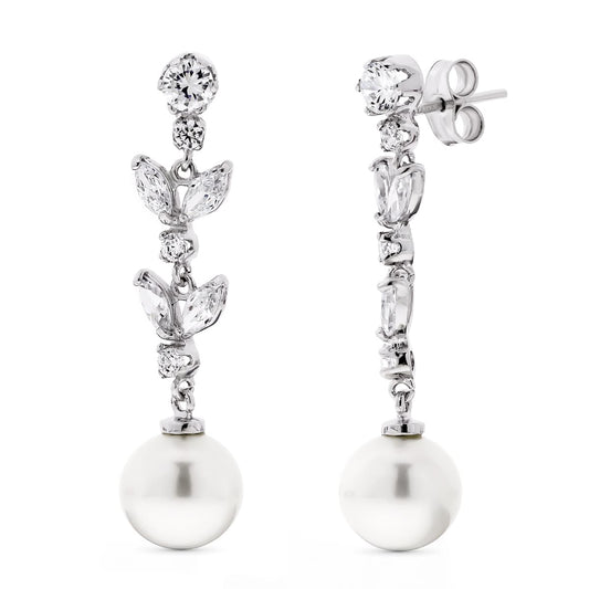 18K Pendientes Oro Blanco Largos Perla 9 9.5 Mm Y Circonita Cierre Presion