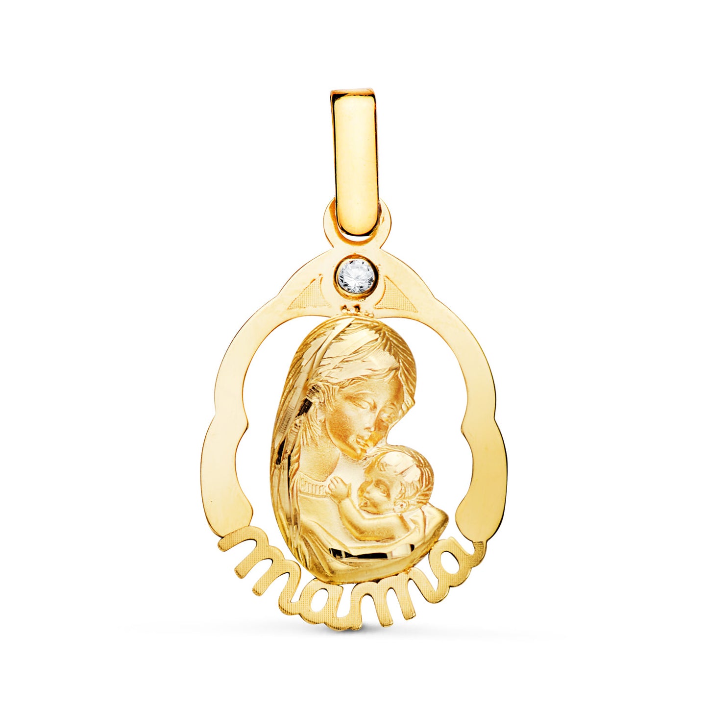 18K Colgante Oro Amarillo Virgen Madre Con Palabra "Mama". Medida: 23X15 Mm