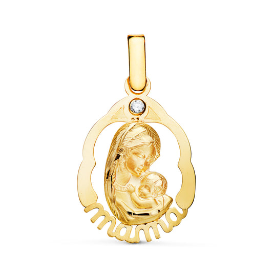 18K Colgante Oro Amarillo Virgen Madre Con Palabra "Mama". Medida: 23X15 Mm