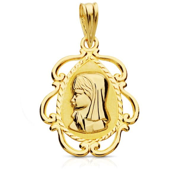 18K Medalla Oro Amarillo Virgen Niña Lagrima 22X16 Mm