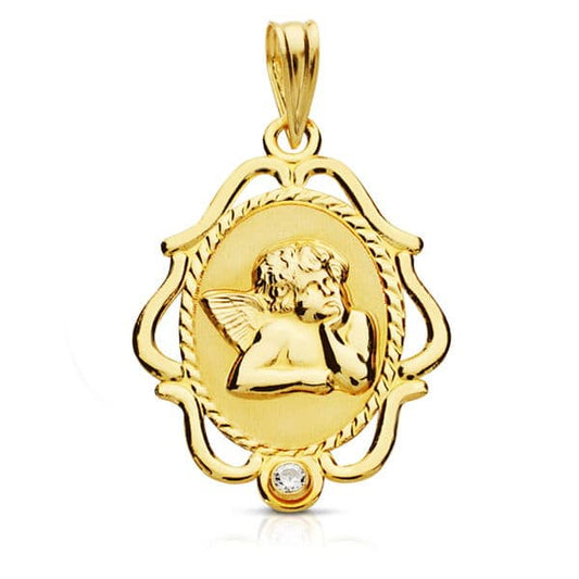 18K Medalla Oro Amarillo Angel Cerco. 24X17 Mm