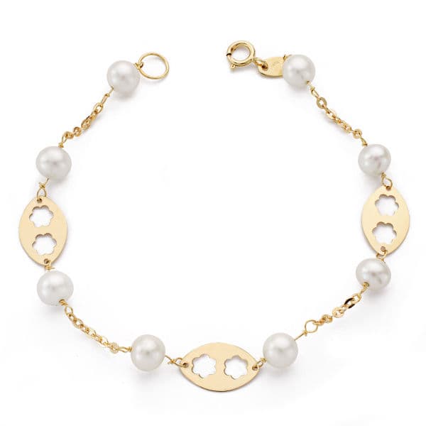 9K Pulsera Oro Amarillo Perla Y Motivos. 18Cm