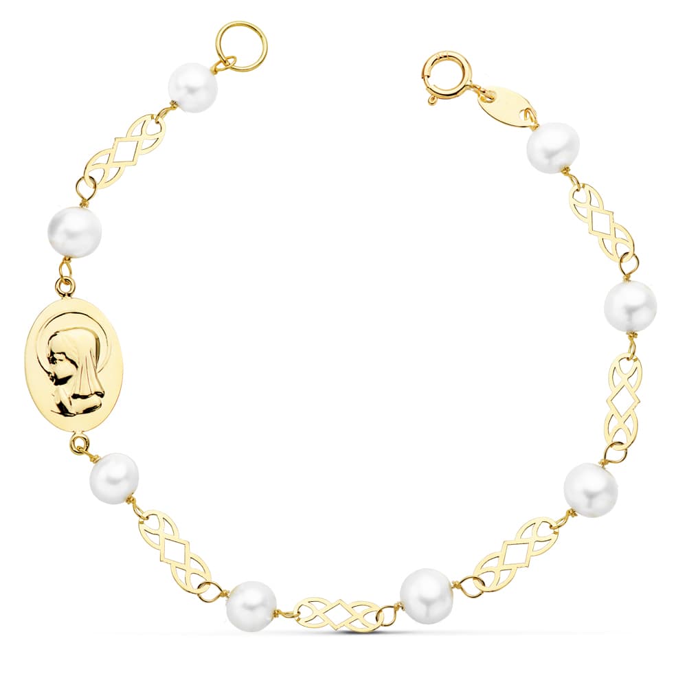 18K Pulsera Comunion Oro Amarillo Perla 5 Mm 16.5Cm