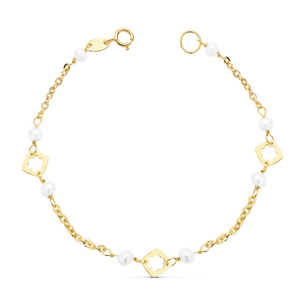 18K Pulsera Niña Perla Oro Amarillo 3.5 Mm 15.5 Cm