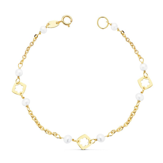 18K Pulsera Niña Perla Oro Amarillo 3.5 Mm 15.5 Cm