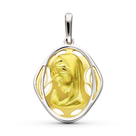 18K Medalla Oro Amarillo Oro Bicolor Virgen Niña 21X17 Mm