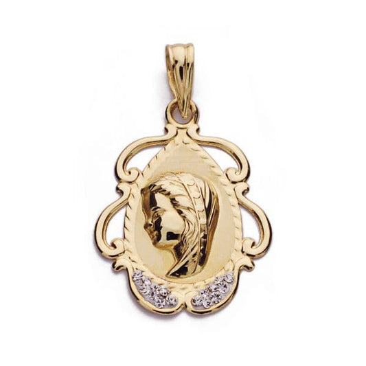 9K Medalla Oro Amarillo Virgen Niña Circonita 23X17 Mm