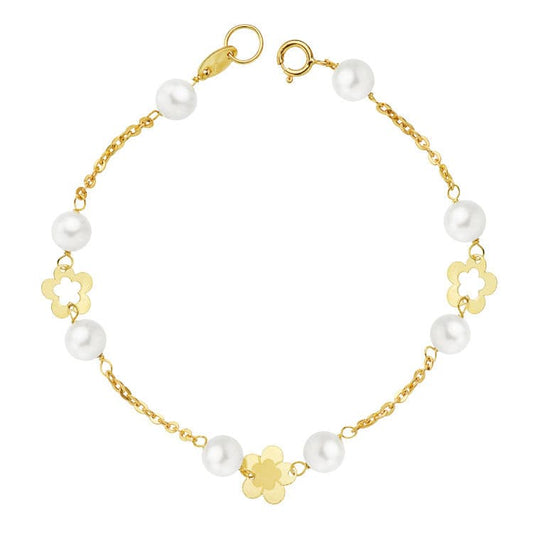18K Pulsera Oro Amarillo Perla Y Flores 17Cm