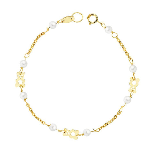 18K Pulsera Oro Amarillo Perlas Y Oso S. 16.5 Cm