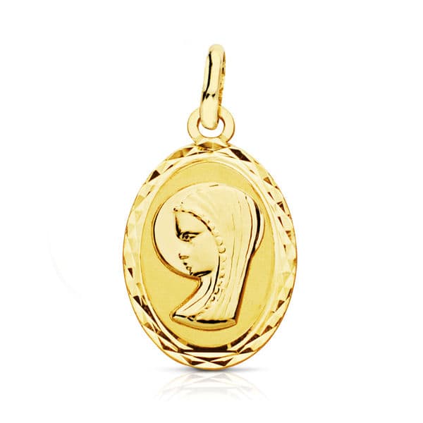 9K Medalla Oro Amarillo Virgen Niña Oval 20X12 Mm
