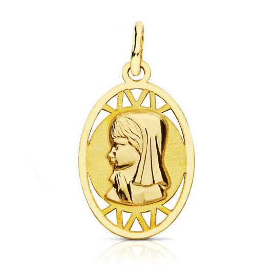 9K Medalla Oro Amarillo Virgen Niña Oval Calada 20X12M