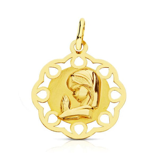 18K Medalla Oro Amarillo Virgen Niña Calada 19X16 Mm
