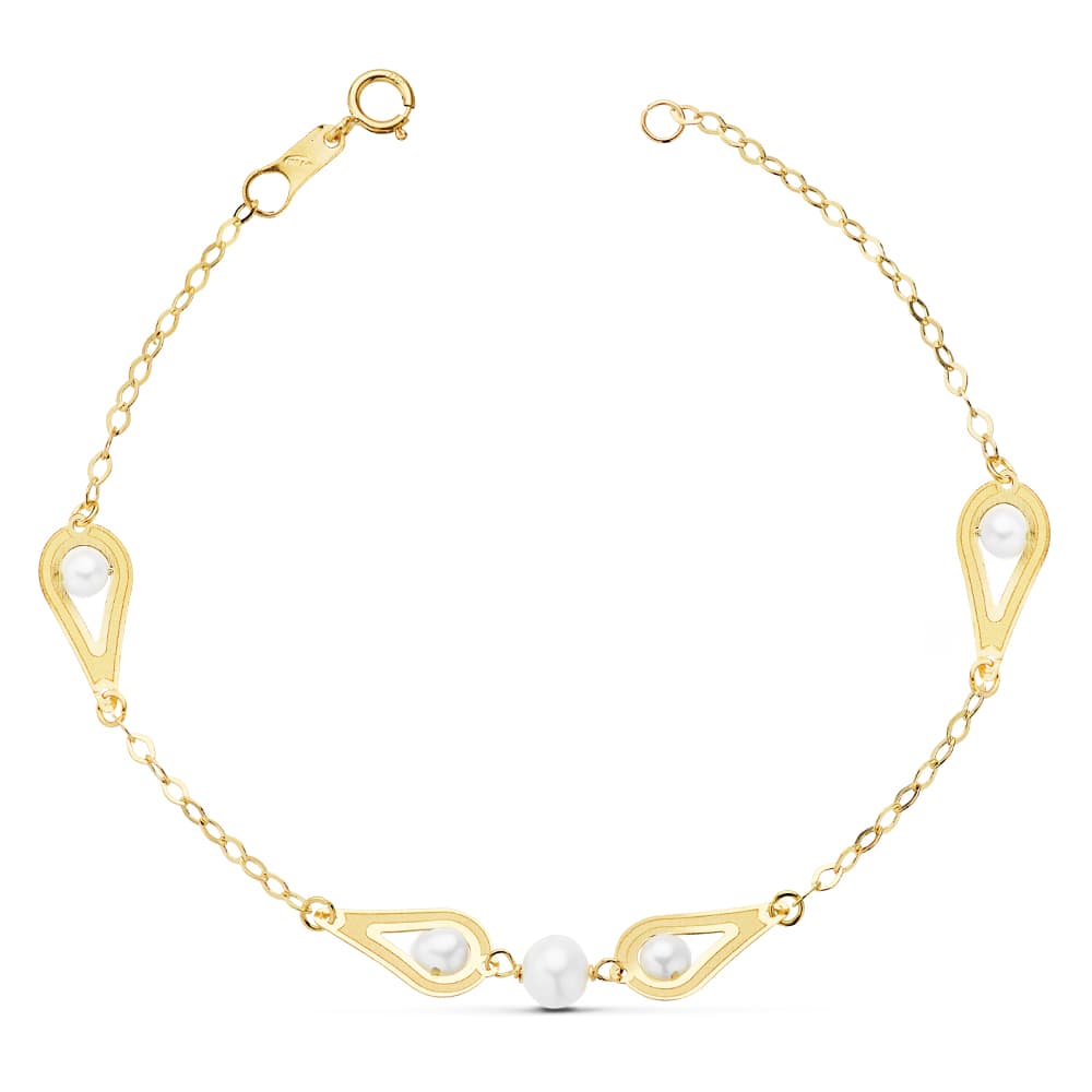 18K Pulsera Oro Amarillo Comunion Perlas Y Motivos. 18Cm