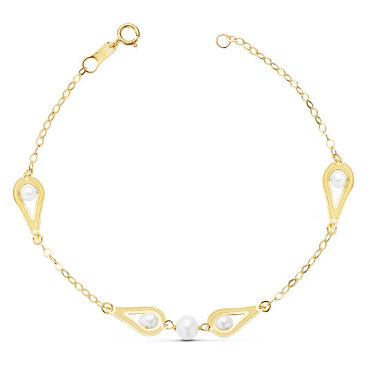18K Pulsera Oro Amarillo Comunion Perlas Y Motivos. 18Cm