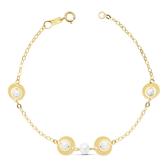 18K Pulsera Oro Amarillo Comunion Perlas Y Motivos. 18Cm