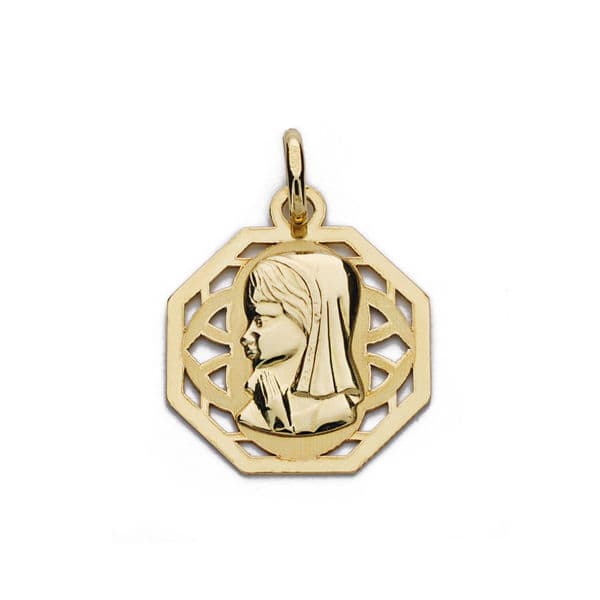 18K Medalla Oro Amarillo Virgen Niña Cerco Calado 17X14 Mm