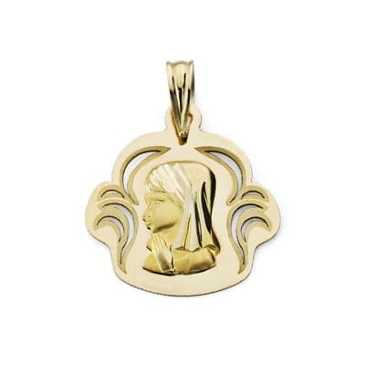 18K Medalla Oro Amarillo Virgen Niña Calada 19X17 Mm