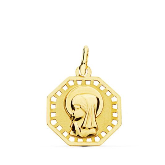 18K Medalla Oro Amarillo Virgen Niña Calada 16X14 Mm