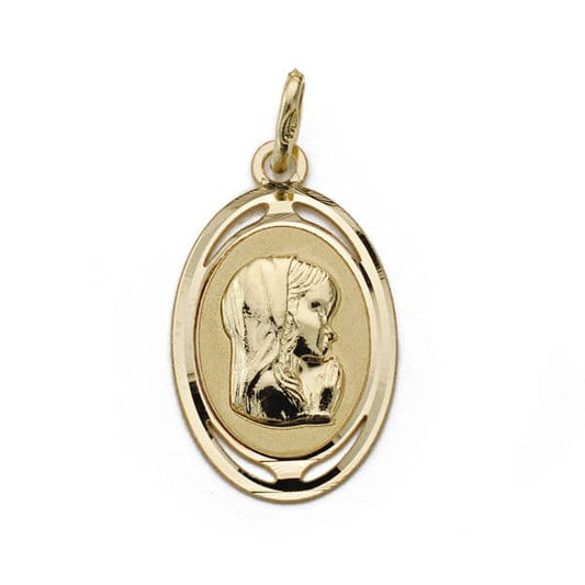 18K Medalla Oro Amarillo Virgen Niña Oval. 21X12 Mm