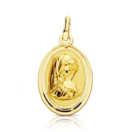 18K Medalla Oro Amarillo Virgen Niña Oval Bisel Liso 19X12 Mm