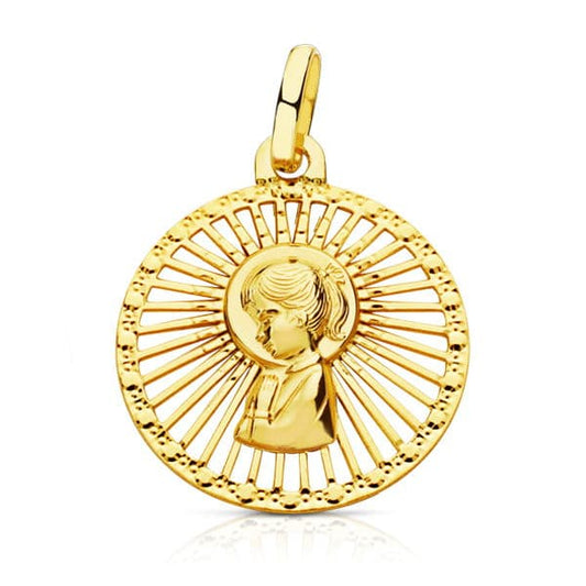 18K Medalla Oro Amarillo Virgen Niña Cerco Calado 21X18 Mm