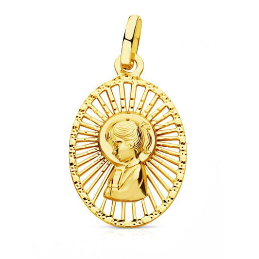 18K Medalla Oro Amarillo Virgen Niña Cerco Calado 22X14 Mm