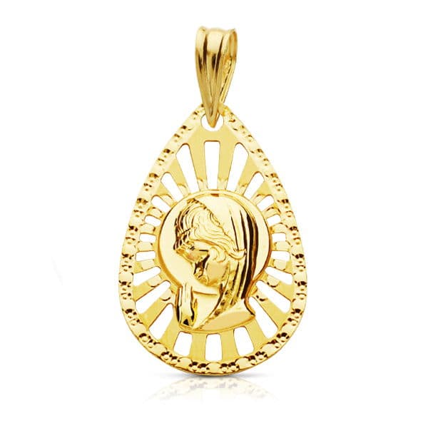 18K Medalla Oro Amarillo Virgen Niña Cerco Calado 22X19 Mm