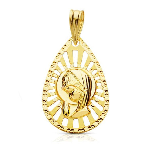 18K Medalla Oro Amarillo Virgen Niña Cerco Calado 22X19 Mm