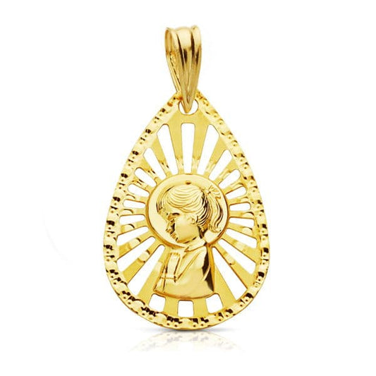 18K Medalla Oro Amarillo Virgen Niña Cerco Calado 22X19 Mm