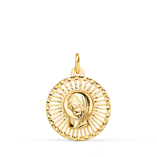 18K Medalla Oro Amarillo Virgen Niña Cerco Calado 20X18 Mm