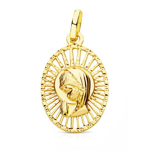 18K Medalla Oro Amarillo Virgen Niña Cerco Calado 22X14 Mm