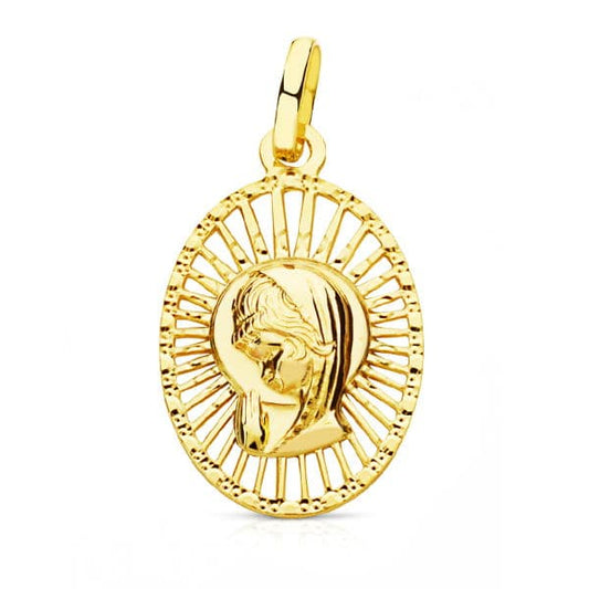 18K Medalla Oro Amarillo Virgen Niña Cerco Calado 22X14 Mm