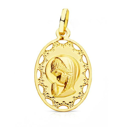 18K Medalla Oro Amarillo Virgen Niña Oval Cerco Calado 23X14 Mm