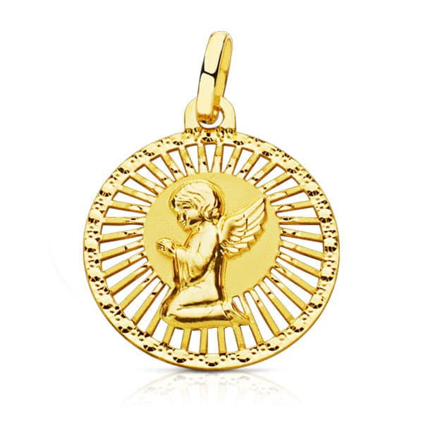 18K Medalla Oro Amarillo Angel Cerco Calado 21X19 Mm