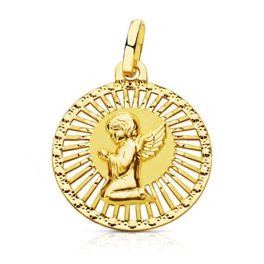 18K Medalla Oro Amarillo Angel Cerco Calado 21X19 Mm