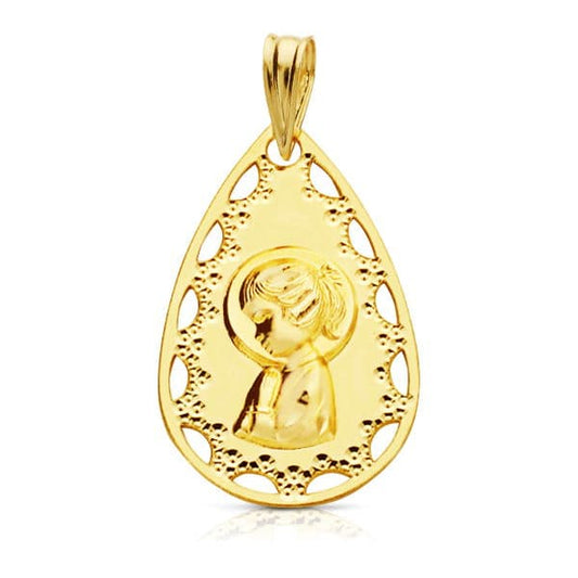 18K Medalla Oro Amarillo Virgen Niña Calada 22X14 Mm