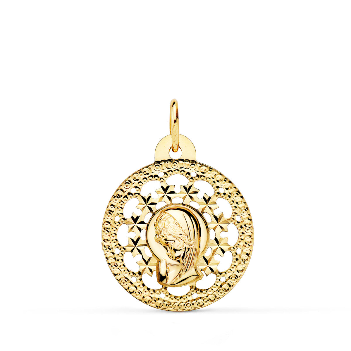 18K Medalla Oro Amarillo Virgen Niña Calada 23X20 Mm