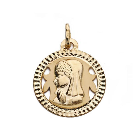 18K Medalla Oro Amarillo Virgen Niña Tallada 16 Mm