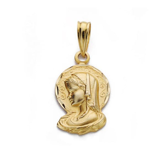 18K Medalla Oro Amarillo Silueta Virgen Niña Tallada 19X16 Mm