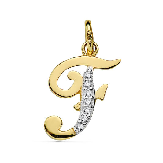 9K Colgante Oro Amarillo Letra F Circonita 16X12 Mm