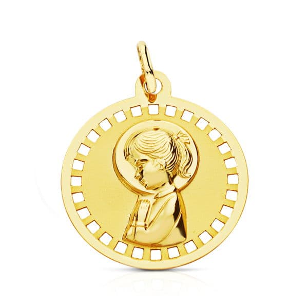 18K Medalla Oro Amarillo Virgen Niña Redonda Calada 18 Mm