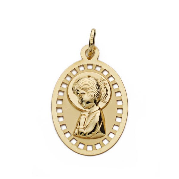 18K Medalla Oro Amarillo Virgen Niña Calada 23X14 Mm