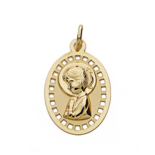 18K Medalla Oro Amarillo Virgen Niña Calada 23X14 Mm