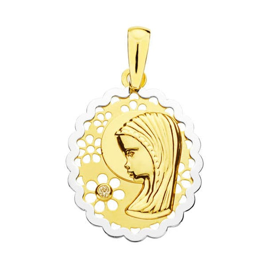 18K Medalla Oro Amarillo Virgen Niña Bicolor Oval 21X16 Mm