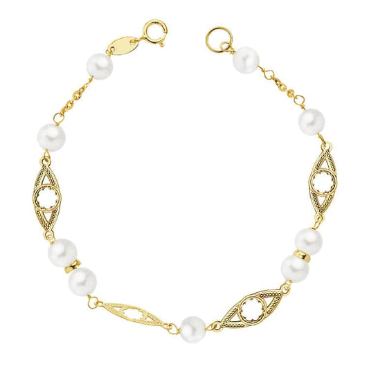 18K Pulsera Oro Amarillo Comunion Perla 5 Mm 17Cm