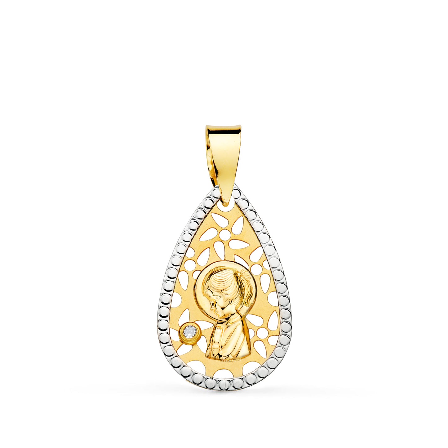 18K Medalla Oro Amarillo Oro Bicolor Virgen Niña Calada Bordes Tallados 19X12 Mm