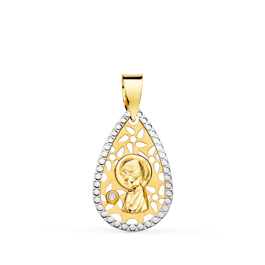 18K Medalla Oro Amarillo Oro Bicolor Virgen Niña Calada Bordes Tallados 19X12 Mm